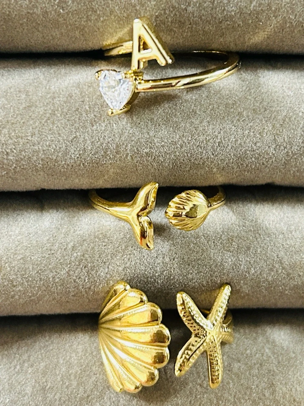 3-Rings Initial 'A', Seashell, and mermaid tail Ring Set Gold Tone -Kids Jewelry